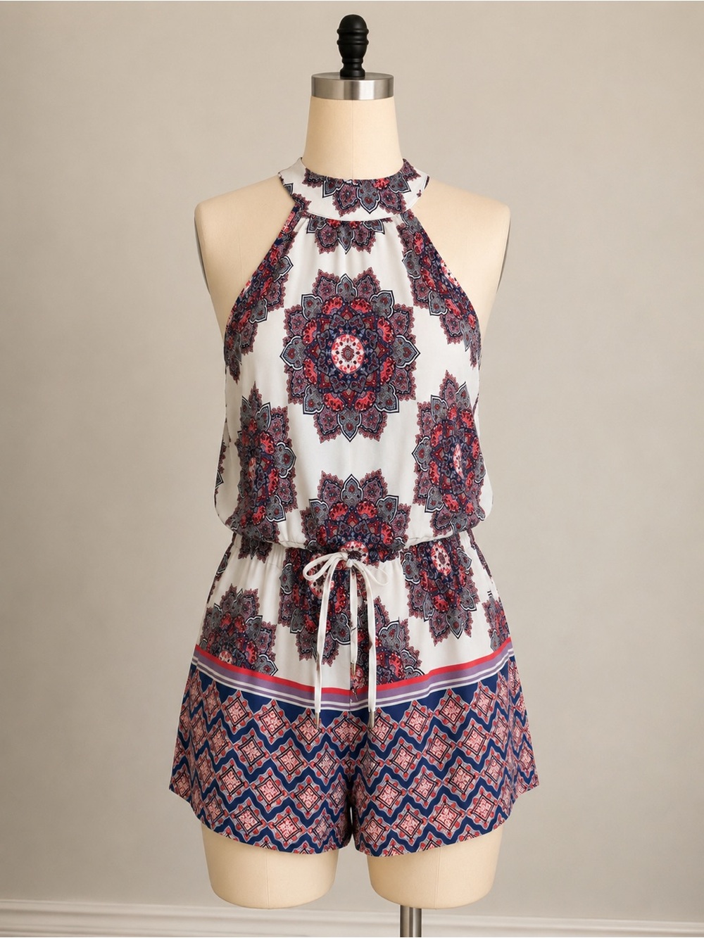 Patterned Halter Romper with neck buttons size small